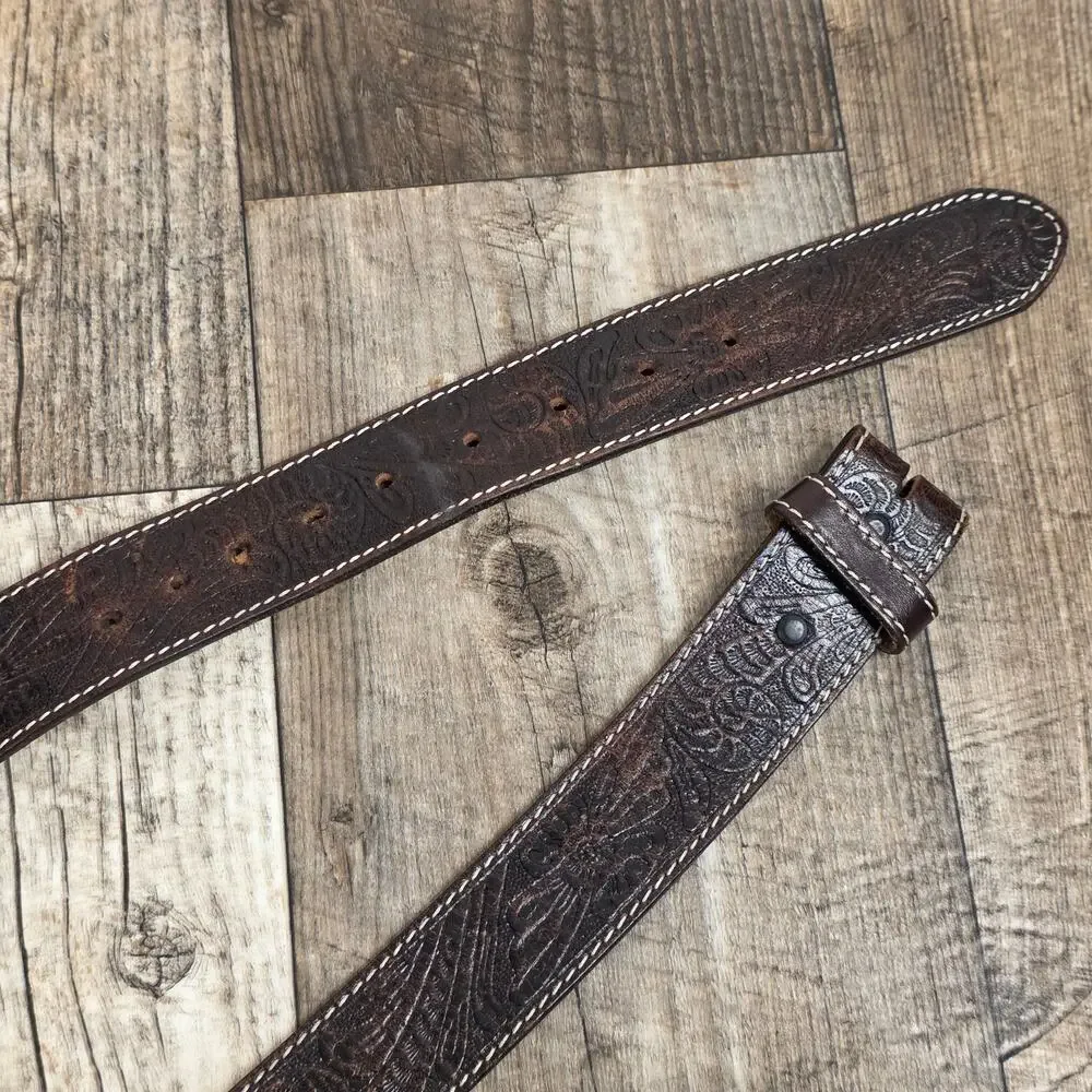 Leather Tooled Belt Brown Size 44 Western Cowboy No Buckle